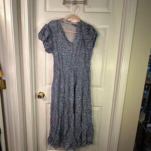 Artsal - V-Neck Shirred Short Puff Sleeve Maxi Dress - Blue - XL - NWOT